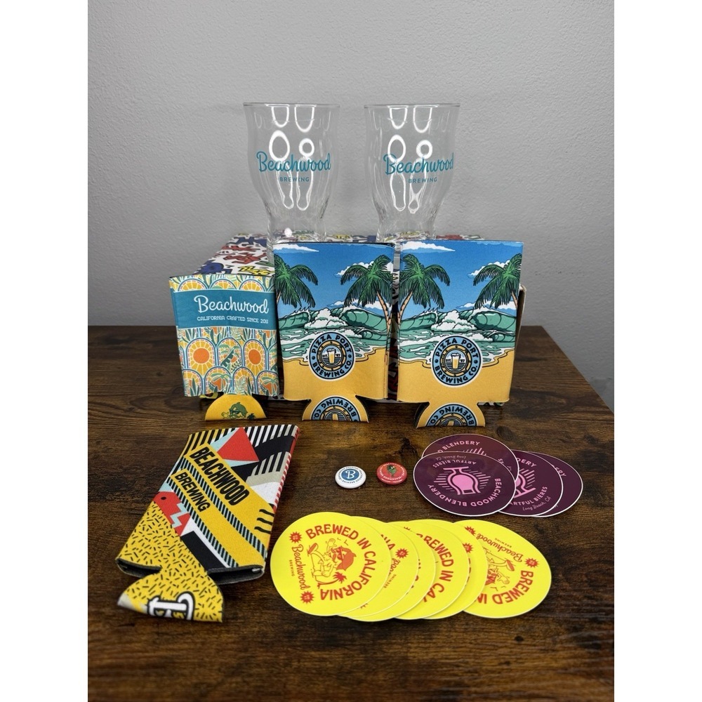 Beachwood Brewing California Series Curvy Beer Glass Set Koozie Stickers USA